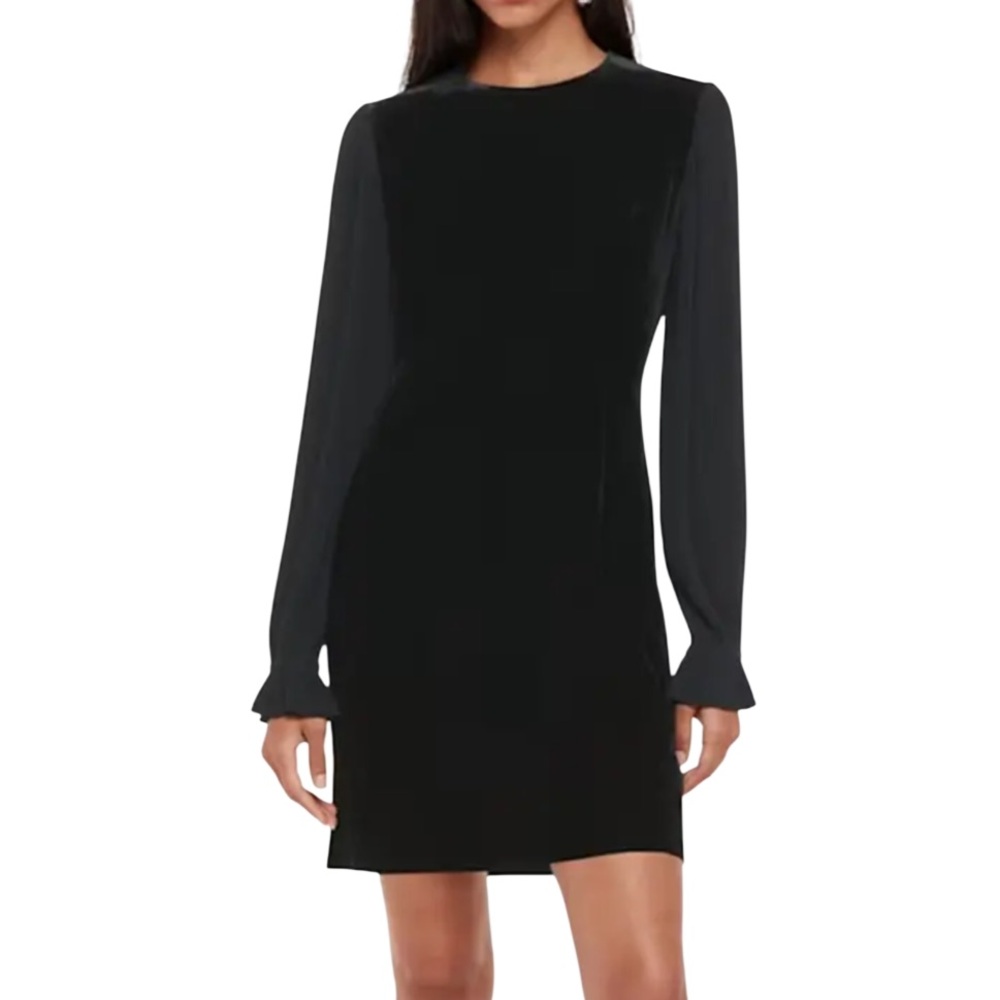 FORE Black Velour Long Satin Bell Sleeve Mini Dress